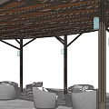 Outdoor Pergola With Wooden Lattice Roof Columns Blue Accents And Gray Lounge Chairs