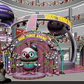 Pink Themed Stage In Shopping Mall With Cartoon Elements Balloons And Large Screen