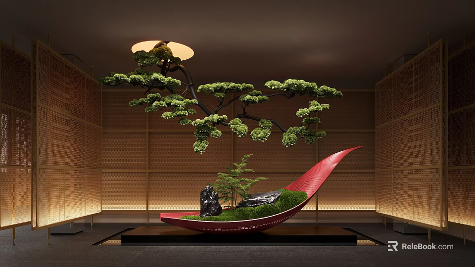 Interior Landscape With Red Curved Structure Green Moss Small Pine Black Stone And Wooden Walls 3d model 