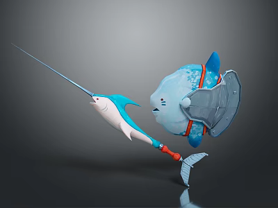 Futuristic 3D Model Mechanical Character And Narwhal Creature With Transparent Shell Long Tusk 3d model