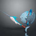 Futuristic 3D Model Mechanical Character And Narwhal Creature With Transparent Shell Long Tusk