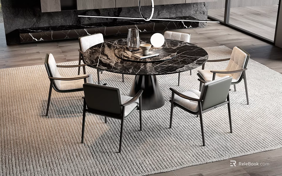 Modern Round Dining Table Set With Marble Top Black Base Six Beige Chairs And Rug 3d model 