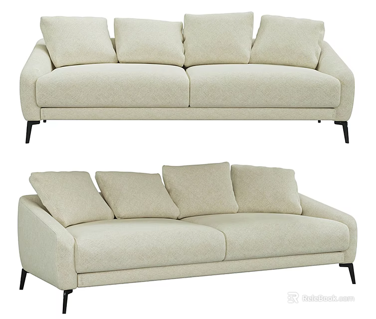 Modern Beige Fabric Two Seater Sofa With Black Legs And Soft Cushions 3d model 