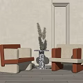 Modern Leisure Sofa Set With Beige And Coral Tones And Side Table With Dried Flowers
