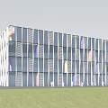 Modern Office Building With Glass Curtain Wall Colorful Stripes Green Grass And Trees