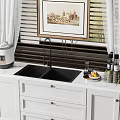 Modern Kitchen With Black Sink White Cabinets Faucet Countertop Rice Cooker Fruit Plate Spice Bottles
