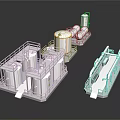 Industrial Production Line Machinery With White Blue Processing Units And Conveyor System