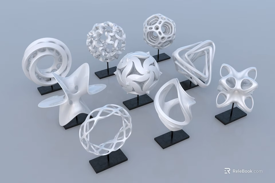 Modern Abstract White Geometric Ornament Set With Black Bases For Home Decor 3d model 