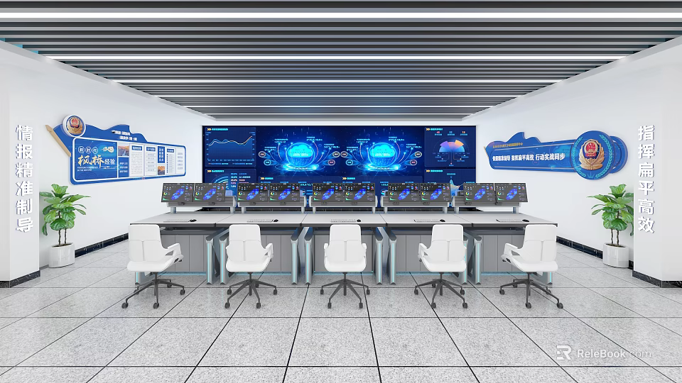 Modern Control Room With Large Digital Video Wall And Multiple Control Desks 3d model 