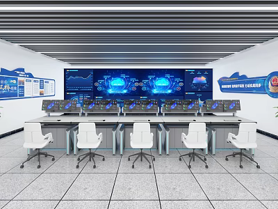 Modern Control Room With Large Digital Video Wall And Multiple Control Desks 3d model