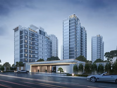 Modern Residential Entrance Gate with High Rise Buildings Greenery and Driveway Lighting 3d model