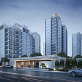 Modern Residential Entrance Gate with High Rise Buildings Greenery and Driveway Lighting