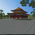 Ancient Chinese Traditional Building With Yellow Roof Red Pillars And Overhanging Eaves In Open Square