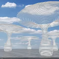 Giant White Openwork Mushroom Shaped Art Installation With Blue Sky White Clouds And Grid Ground
