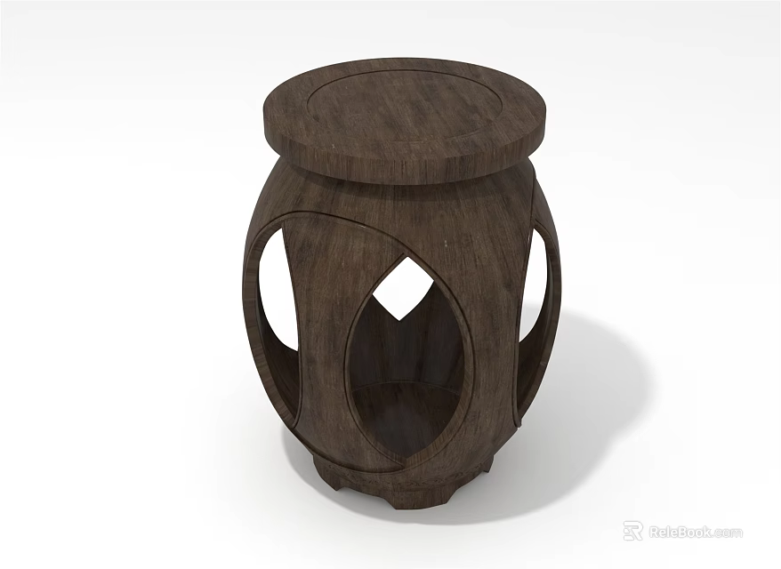 Dark Wooden Stool Featuring Round Top And Hollow Carved Patterns For Home Use 3d model 