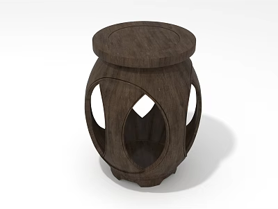 Dark Wooden Stool Featuring Round Top And Hollow Carved Patterns For Home Use 3d model