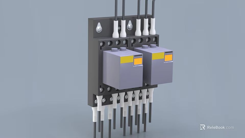 Industrial Control Equipment With Black Base Multiple White Terminal Blocks Gray Modules And Colored Labels 3d model 