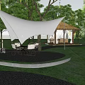 Scenic Campsite With White Sail Shade Surrounded By Trees Glamping Tents And Outdoor Dining Furniture