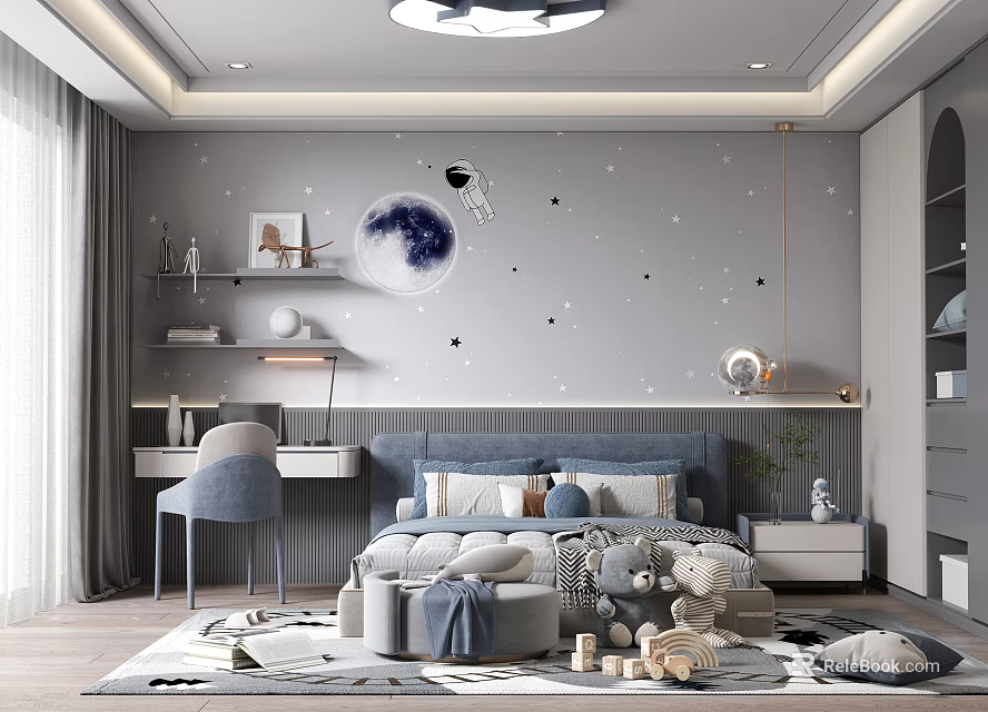Starry Sky Themed Kids Room In Blue Tones With Bed Desk Chair Toys And Bookshelf 3d model 