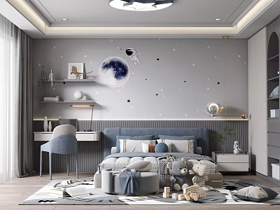 Starry Sky Themed Kids Room In Blue Tones With Bed Desk Chair Toys And Bookshelf 3d model