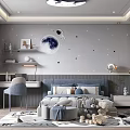 Starry Sky Themed Kids Room In Blue Tones With Bed Desk Chair Toys And Bookshelf