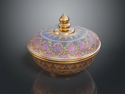 Decorative Floral Patterned Storage Box With Purple Gold Blue Design And Golden Spire Lid 3d model