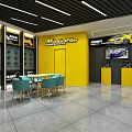 Modern Sports Car Dealership Showcasing Blue Sports Car In Glass Door Showroom Area