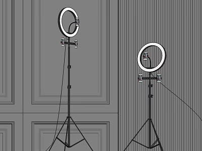 Two Ring Lights Mounted On Tripods In Studio With Wooden Wall 3d model