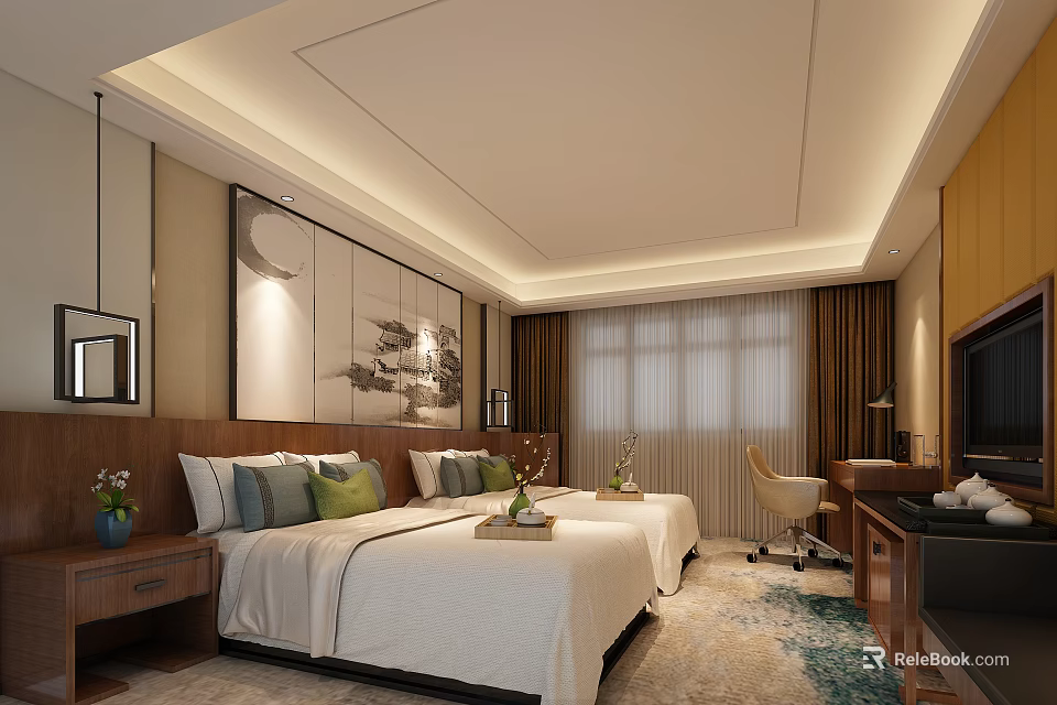 Hotel Guest Room With Twin Beds White Bedding Decorative Painting Desk And Chair 3d model 