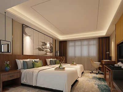 Hotel Guest Room With Twin Beds White Bedding Decorative Painting Desk And Chair 3d model