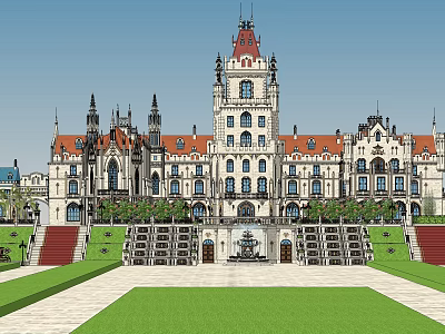 European Detached Villa Featuring Red Roof White Exterior Symmetrical Design Front Lawn And Tower 3d model