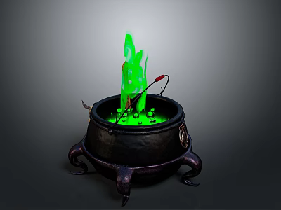 Black Cauldron With Green Flame Red Hook And Decorative Legs 3d model