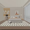 Modern Bedroom Interior With Comfortable Bed Star Patterned Rug And Wooden Desk