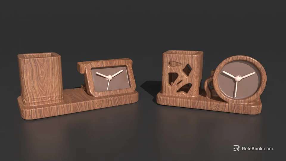 Wooden Decorative Ornament Set With Clock And Carved Pen Holder For Desktop 3d model 
