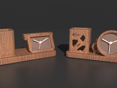 Wooden Decorative Ornament Set With Clock And Carved Pen Holder For Desktop 3d model
