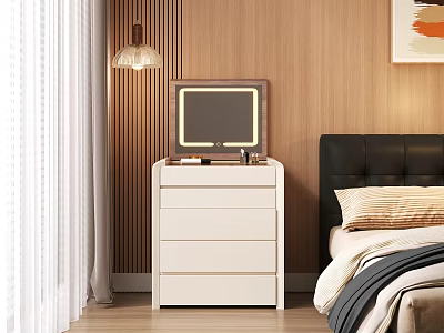 White Dresser With Mirror And Drawers In Bedroom With Wooden Wall And Pendant Lamp 3d model
