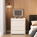 White Dresser With Mirror And Drawers In Bedroom With Wooden Wall And Pendant Lamp