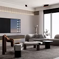 Modern Living Room Interior Design With Large Windows TV Wall Gray Sofa And Coffee Tables