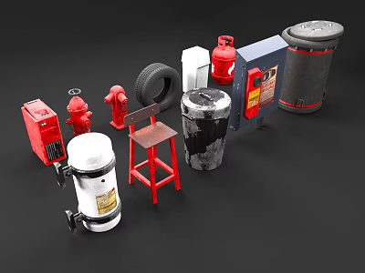 Various Industrial Equipment Collection With Fire Hydrants Tire Stool Tank And Trash Can 3d model