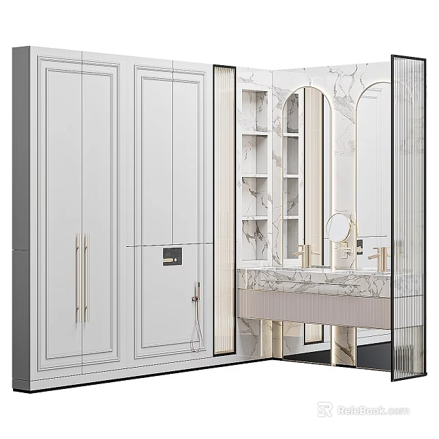 Modern Elegant Bathroom Vanity With White Cabinetry Open Shelves Marble Countertop And Large Mirror 3d model 