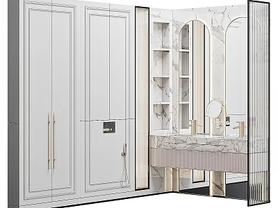 Modern Elegant Bathroom Vanity With White Cabinetry Open Shelves Marble Countertop And Large Mirror 3d model