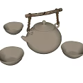 White Ceramic Tea Set with Wooden Handle Teapot and Three Teacups 3d model