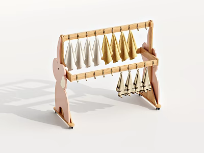 Elephant Shaped Wooden Storage Rack with Double Layer Design Hanging White and Gold Towels 3d model