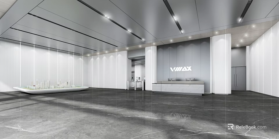 Modern Store Front Desk With VMAX Logo Marble Countertop White Paneled Walls And Recessed Lighting 3d model 