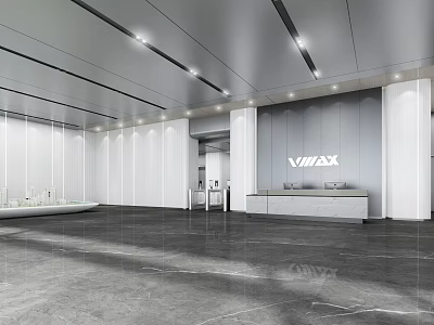 Modern Store Front Desk With VMAX Logo Marble Countertop White Paneled Walls And Recessed Lighting 3d model