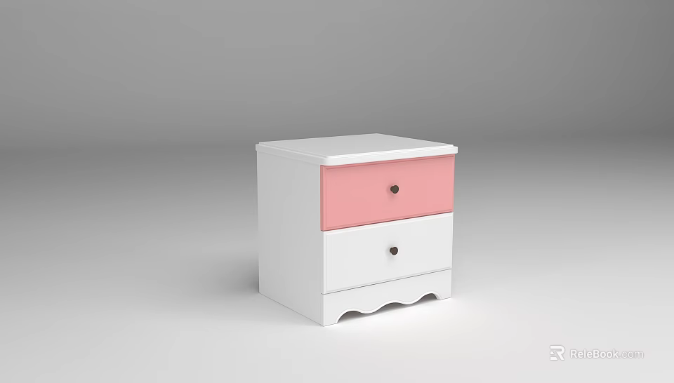 White and Pink Bedside Table with Two Drawers and Scalloped Base 3d model 