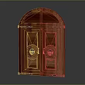 Wooden Double Door With Arched Top And Decorative Metal Accents For Home Entrance