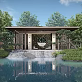 Rockery Stones In Serene Garden With Waterfall Pond And Pavilion Surrounded By Green Plants