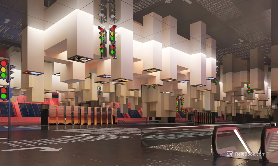 Modern Interior Space With Geometric White Structures Colorful Traffic Lights And Zebra Floor Design 3d model 