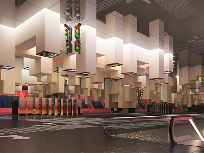 Modern Interior Space With Geometric White Structures Colorful Traffic Lights And Zebra Floor Design 3d model